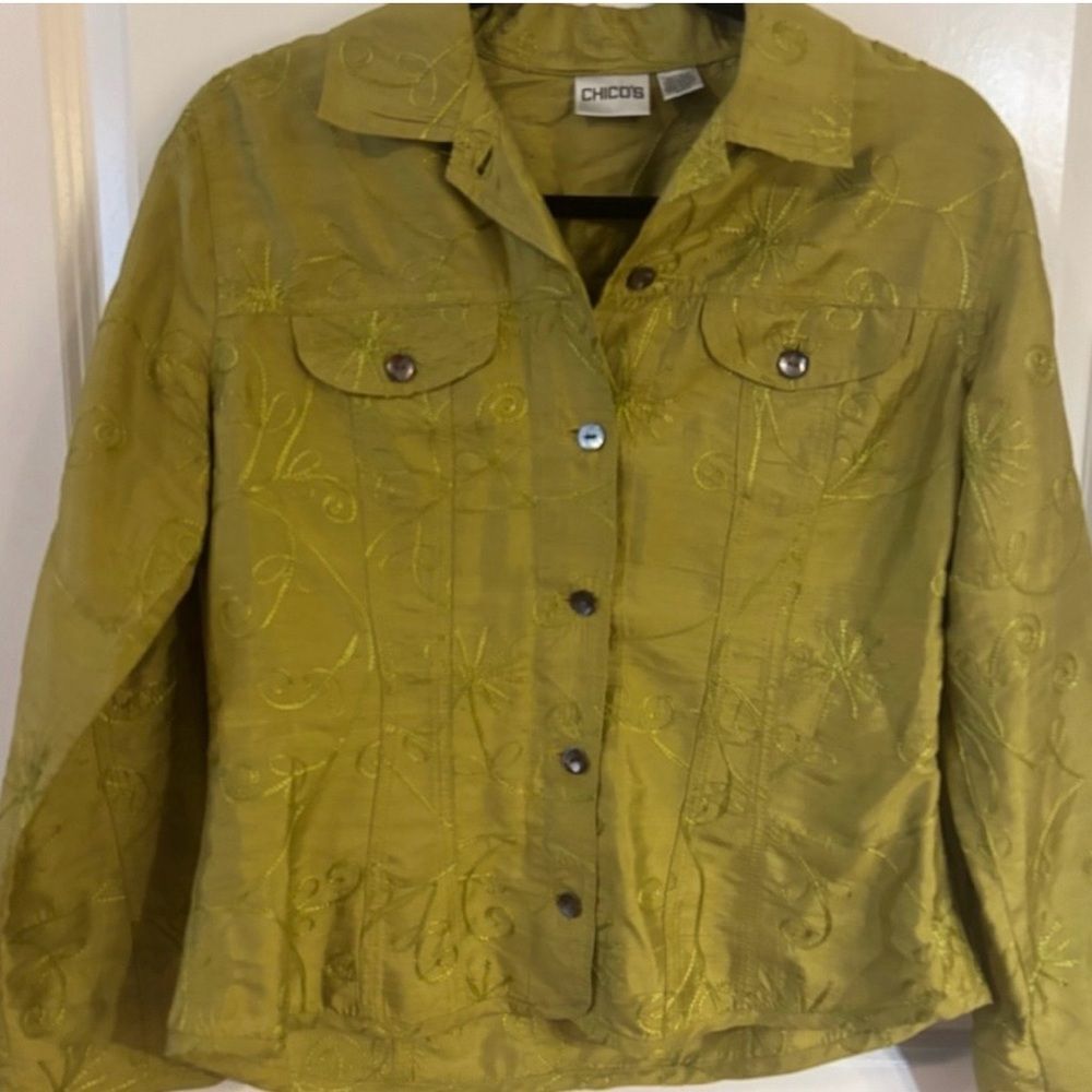 Chico's 100% Silk Lime Green Embroidered Jacket Size 0